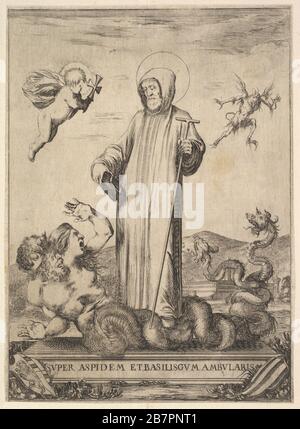 San Jean Gualbert calpestando un mostro con due teste umane e un corpo serpentino, un demone volante sullo sfondo a destra, un angelo con una croce che vola a sinistra, da 'frontespiece e quattro scene della vita di San Giovanni Gualberto' (Frontispice et quatre vignettes pour une vie de Saint Jean Gualbert), 1640. Foto Stock
