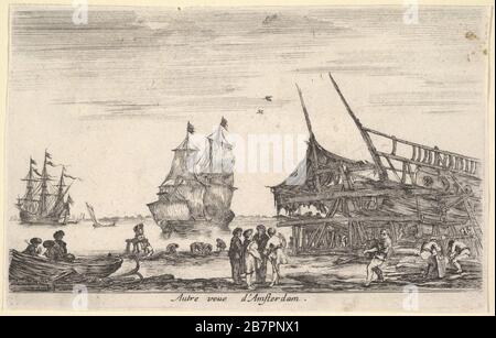 Un'altra vista di Amsterdam (Autre vue d'Amsterdam), un gruppo di quattro uomini si trova al centro di una riva, una barca costruita a destra, una barca a remi sulla riva a sinistra, due navi a sinistra sullo sfondo, da 'vedute dei porti marittimi' (Vues de ports de mar), 1647. Foto Stock