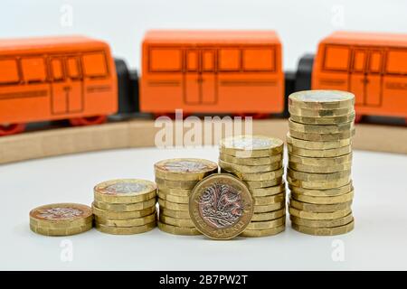 LONDRA, Regno Unito - GENNAIO 2020: Primo piano delle colonne di monete inglesi da una libbra in ordine ascendente con un treno giocattolo di legno sfocato sullo sfondo Foto Stock