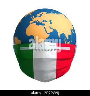 Pianeta Terra in maschera medica e bandiera d'Italia su sfondo bianco Foto Stock