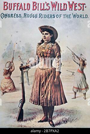 ANNIE OAKLEY (1860-1926) Sharpshooter americano su un poster per Buffalo Bill's Wild West Show circa 1900 Foto Stock