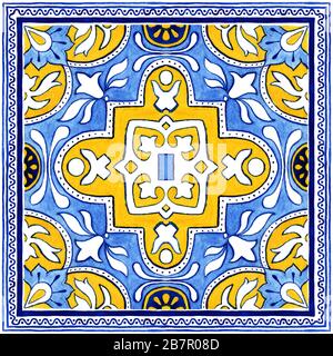 Sciarpa a bandana con piastrelle Azulejos portoghese. Tradizionale decorazione di piastrelle di mosaico Portoghese. Grafica acquerello blu e giallo. Ceramiche antiche, titolabili, patrimonio. Vecchio pannello dipinto con motivi floreali Foto Stock