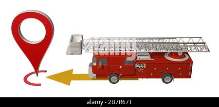 il camion del fuoco si muove verso l'indicatore di mappa. rendering 3d Foto Stock