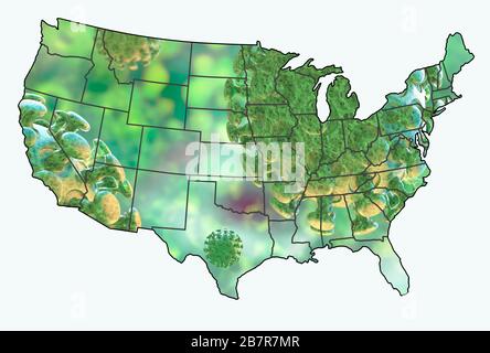 Immagine del coronavirus covid 19, con mappa Stati Uniti, USA sovrapposta. Pandemia globale, malattia contagiosa Foto Stock