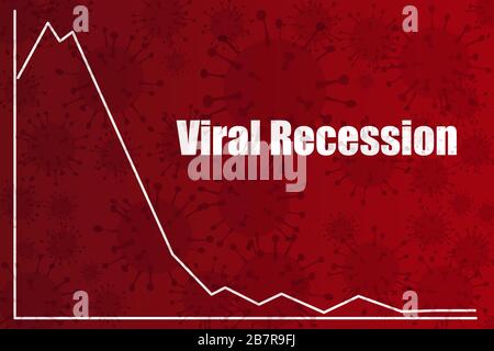 Testo sulla recessione dei virus con grafico dei profitti al ribasso sullo sfondo dei virus rossi, recessione economica causata dal co-virus coronavirus 19 pandemia globale Foto Stock