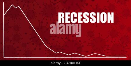 Testo della recessione con grafico dei profitti al ribasso sullo sfondo dei virus rossi, recessione economica causata dal coronavirus covid19 pandemia globale Foto Stock