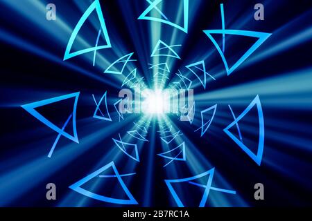 Abstract geometrico 3D futuristico blu triangolo tunnel. Tecnologia del futuro sci-fi background, business, concetto scientifico. rendering 3d Foto Stock