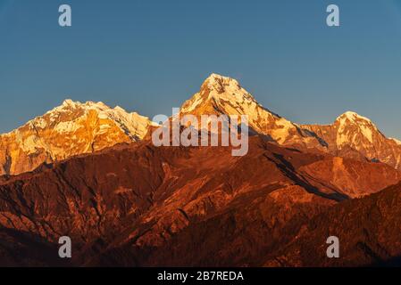 Maestosa vista del tramonto che spazia attraverso Annapurna Sud e Himchuli da Poon Hill, Ghorepani, Nepal Foto Stock