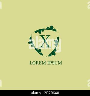 Modello con logo alfabetico lettera X isolato di colore verde beige. Illustrazione decorativa del segno dello scudo floreale. Nature Guard, logo Security Illustrazione Vettoriale