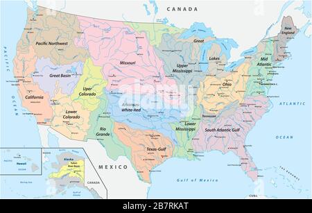 Mappa dei bacini idrici negli Stati Uniti d'America Illustrazione Vettoriale