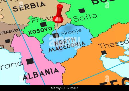 Macedonia settentrionale, Skopje - capitale, fissata sulla mappa politica Foto Stock