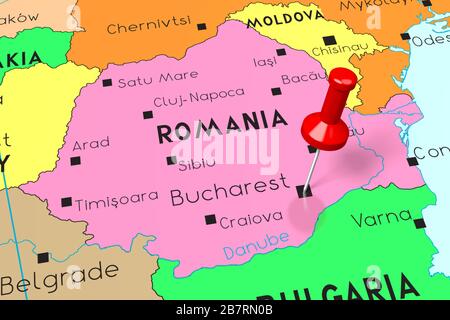 Romania, Bucarest - capitale, fissata sulla mappa politica Foto Stock