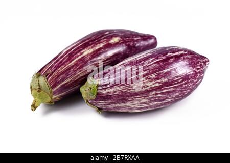 'Graffiti Eggplant', variante a forma di goccia con striatura di viola con pelle bianca avorio isolata su fondo bianco Foto Stock