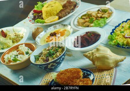 Cucina dello Sri Lanka, piatti tradizionali assortiti, vista dall'alto. Foto Stock