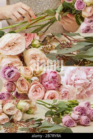 collage di fioraio che tiene fiori, peonie rosa, eustoma e hydrangea Foto Stock