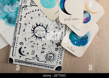 Vista dall'alto della carta di nascita e delle carte con segni zodiacali sul tavolo in legno Foto Stock