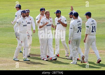 Jamie Porter di Essex CCC (C) si congratula con i suoi compagni di squadra dopo aver preso il wicket di Wes Durston Foto Stock