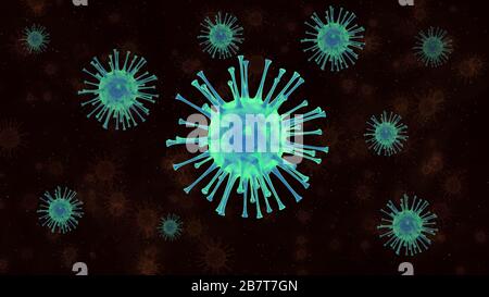 Coronavirus con rendering 3D che galleggiano all'interno del corpo umano su uno sfondo scuro Foto Stock