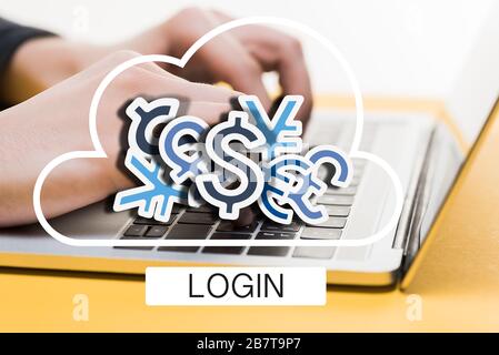 primo piano del pirata informatico che utilizza il laptop vicino a lettere di login e segni di denaro su bianco Foto Stock