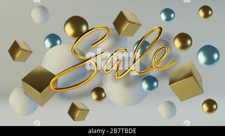 Vendita di iscrizioni dorate realistiche in 3D. Sfondo di palline d'oro e cubi. Scritte metalliche per il disegno di banner. Modello per prodotti, pubblicità Illustrazione Vettoriale