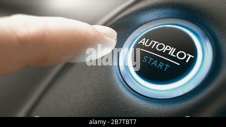 Premere con il dito un pulsante dell'autopilota in un'auto a guida autonoma. Immagine composita tra una fotografia a mano e uno sfondo 3D. Foto Stock