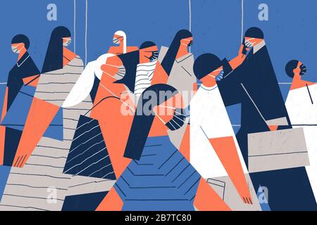 I cittadini indossano una maschera facciale per bloccare il coronavirus COVID-19. Folla che cammina per la strada, vista laterale. Foto Stock