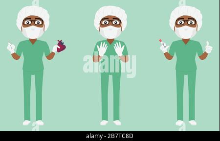 Set di tre chirurghi con pelle scura che indossano tute scrub con maschere occhiali guanti siringa bisturi e cuore Illustrazione Vettoriale