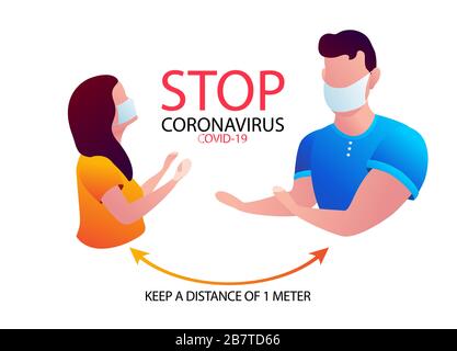 Distanziamento sociale, mantenere le distanze nella società pubblica per proteggere dal concetto di diffusione dell'epidemia di coronavirus COVID-19; Illustrazione Vettoriale