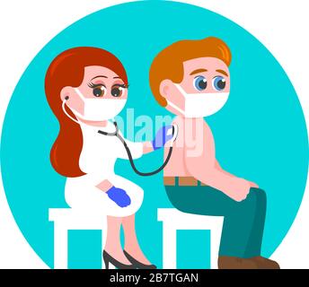 Medico donna in una maschera medica ascolta il respiro di un uomo. Controllo di salute durante un'epidemia. Illustrazione di cartoni animati vettoriali. Illustrazione Vettoriale