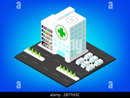 Edificio isometrico ospedaliero con parcheggio, arte vettoriale Illustrazione Vettoriale