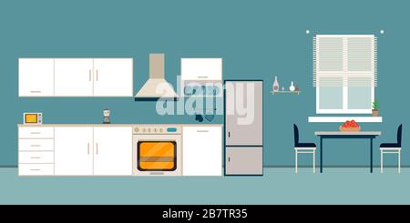 Cucina bianca interno pranzo piatto illustrazione con forno a microonde frigorifero forno frigorifero tavolo con tavolo in legno e sedia e finestra e piatti su pin Illustrazione Vettoriale