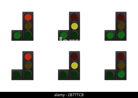Serie di semafori. Rosso, giallo e verde. Il traffico è diritto e a sinistra. Illustrazione vettoriale. Illustrazione Vettoriale