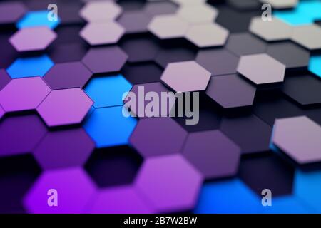 Rendering 3D astratto della superficie futuristica con esagoni. Sfondo fantascientifico contemporaneo con effetto bokeh. Design poster. Foto Stock