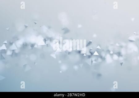 Rendering 3D astratto di forme caotiche a bassa poli. Piramidi poligonali volanti nello spazio vuoto. Sfondo futuristico con effetto bokeh. Design poster. Foto Stock