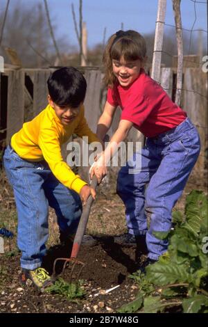 Austin Texas USA, 1991: Il ragazzo e la ragazza di sei anni lavorano insieme per usare la zappa nel giardino della comunità. MR EV-036-037. ©Bob Daemmrich Foto Stock