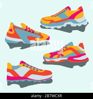 Set di sneaker colorate gialle rosa blu arancio. Illustrazione piatta vettoriale. Semplice illustrazione di fitness e sport, scarpe da palestra. Illustrazione Vettoriale