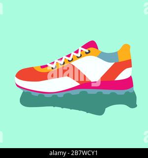 Sneaker colorate gialle e gialle e blu. Illustrazione piatta vettoriale. Semplice illustrazione di fitness e sport, scarpe da palestra. Grafica del negozio di cartelli Illustrazione Vettoriale