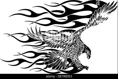 Flying Eagle, stendere la sua piuma. Aquila nera su sfondo bianco. Illustrazione Vettoriale