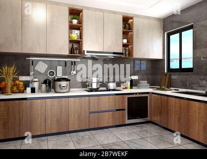 rendering 3d degli interni moderni della cucina Foto Stock
