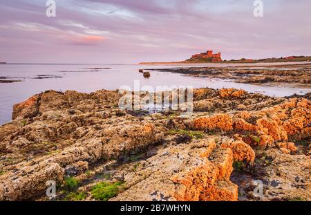 Paesaggio al tramonto con il colore del tramonto sul mare, cielo e costa rocciosa a Bamburgh in Northumberland con il castello di Bamburgh sul litorale in distanza. Foto Stock