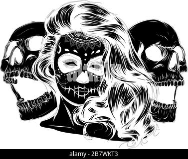 Ragazza morta con due teschi di zucchero. Vettore Illustrazione Vettoriale