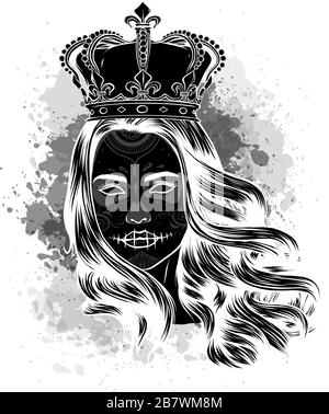 Regina della morte. Ritratto di un cranio con corona e capelli lunghi. Illustrazione Vettoriale