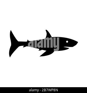 Illustrazione vettoriale di uno squalo dalla silhouette nera. Isolato sfondo bianco. Profilo vista laterale dell'icona dello squalo pesce. - vettore Illustrazione Vettoriale