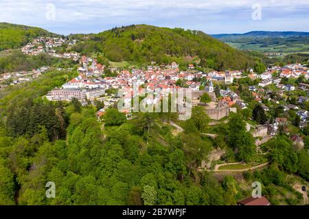 Vista aerea di Lindenfels il castello e il borgo medievale di Lindenfels, Bergstrasse, Hesse, Germania Foto Stock