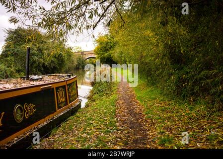 Le barche con canale danno vita alla storia lungo il sentiero pedonale di questo canale fuori dalla città di Oxford, Inghilterra, con le strette barche che riflettono il loro sisorio.
