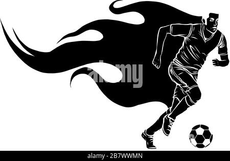 Allenamento sportivo, giocatore di calcio calcia la palla, obiettivo, fuoco fiamma, gocce colorate spruzzi d'inchiostro Illustrazione Vettoriale