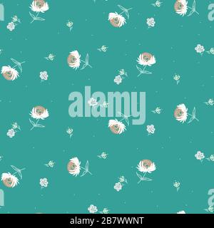 Motivo floreale senza cuciture con piante e fiori. Vector verde blu brillante sfondo. Illustrazione Vettoriale
