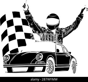 illustrazione vettoriale di auto da corsa con bandiera a scacchi su sfondo grungo Illustrazione Vettoriale