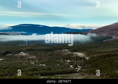 Guardando verso le piste innevate di Craiggowrie con Glenmore Forest Park in primo piano dalle piste di Cairn Gorm Foto Stock