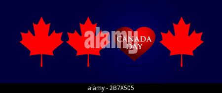 Banner panoramico per il Canada Day foglie di acero rosso e cuore su sfondo blu. Illustrazione vettoriale Illustrazione Vettoriale